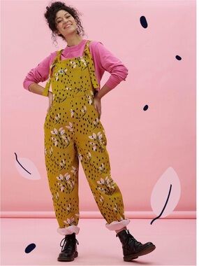 Lucy & Yak Easton Dungarees Jumpsuit Kafi Print Mustard Yellow Size UK12L US8L